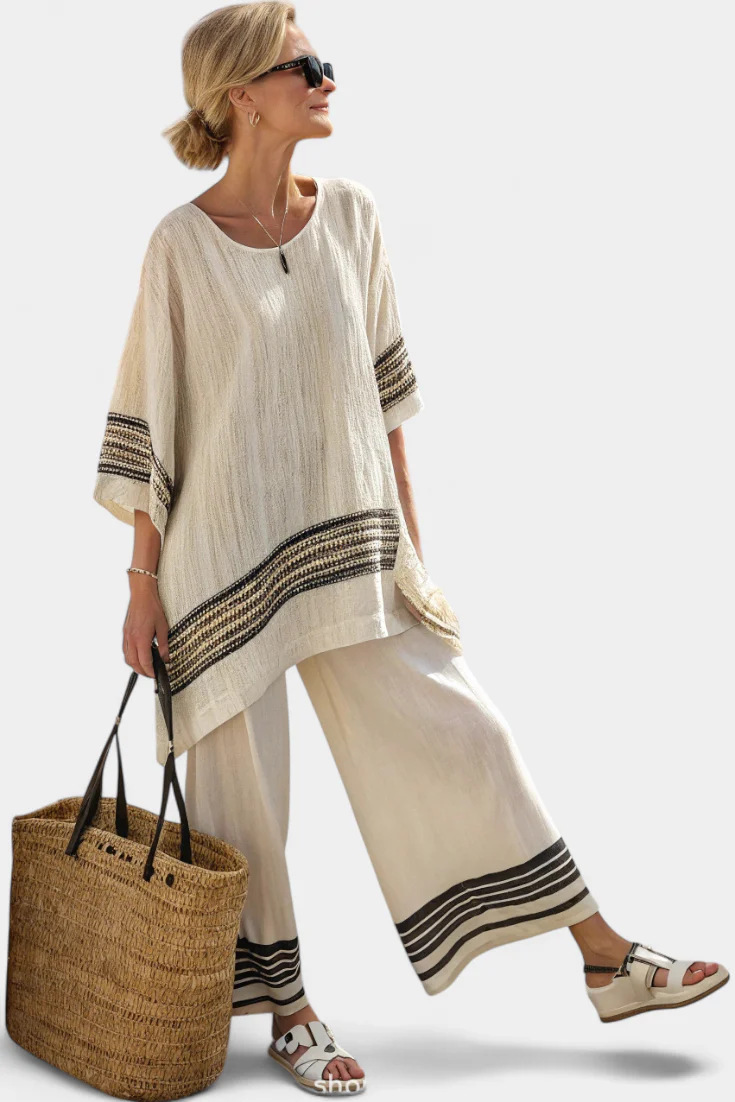 Striped Color-Block Half-Sleeve Top and Straight-Leg Pants Set
