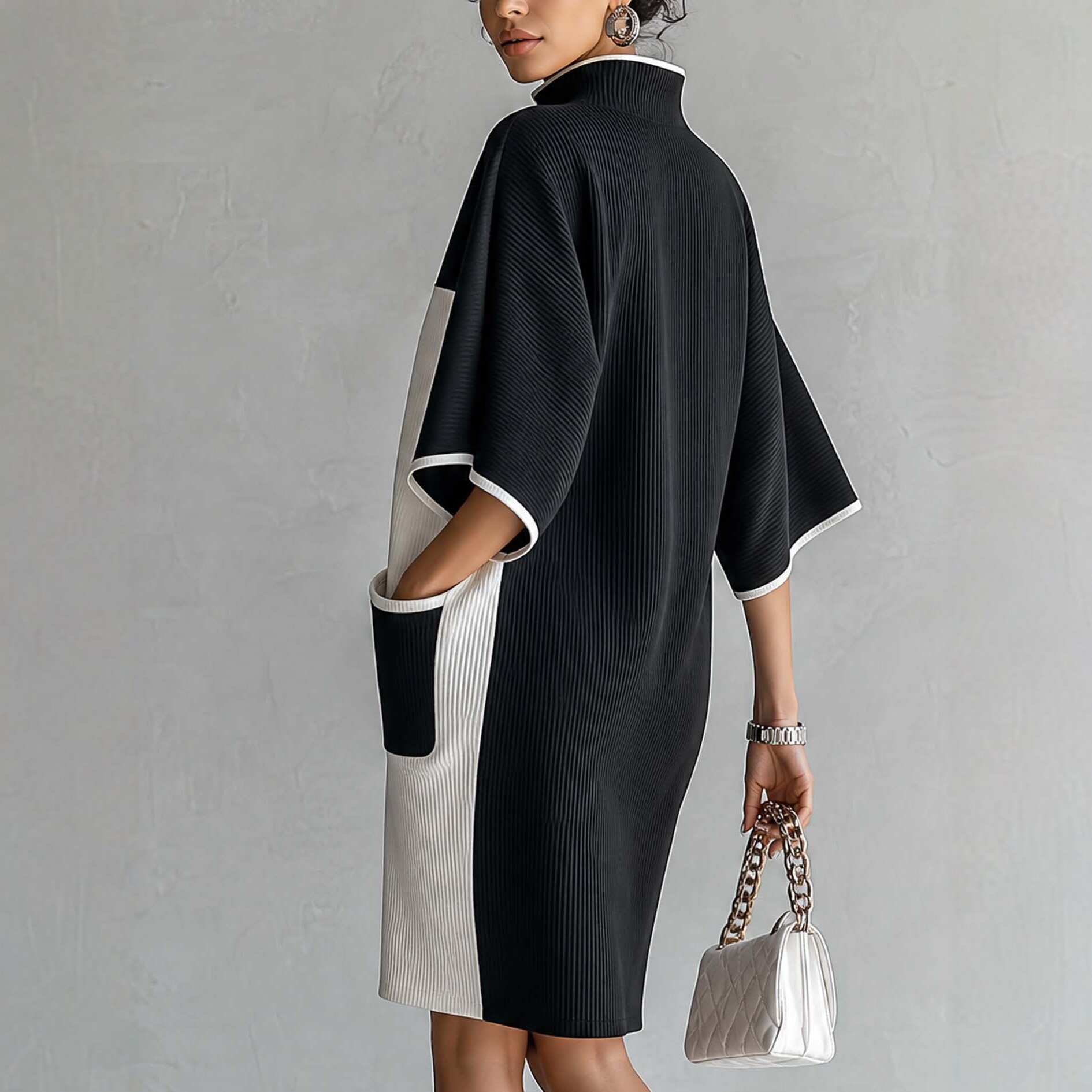 Color-Block Ribbed Knit Bodycon Dress with V-Neck and Wide Sleeves