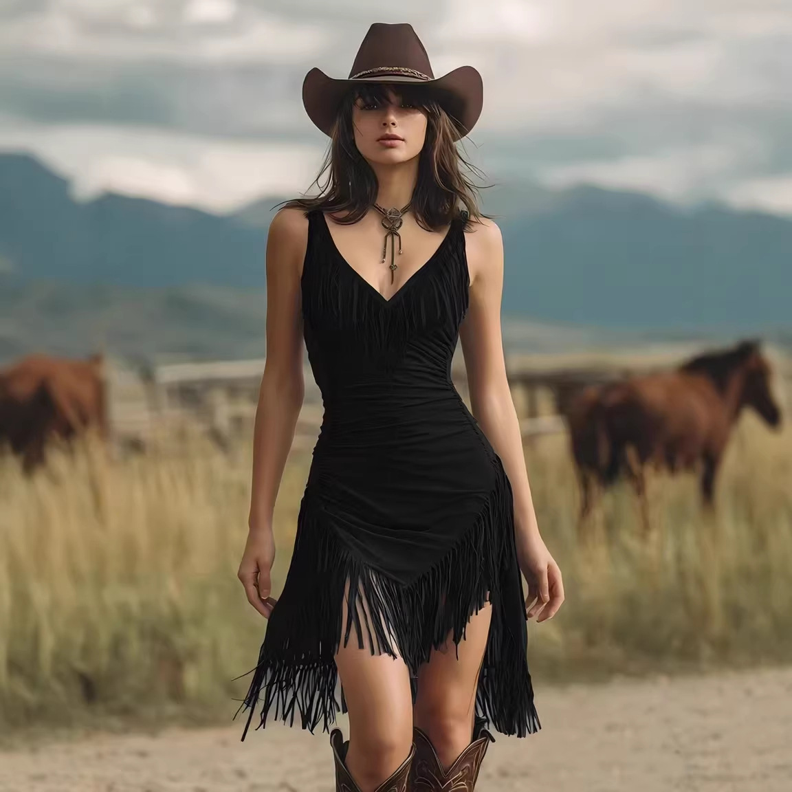 Retro Western Fringe Deep V-Neck Sleeveless Bodycon Cami Dress