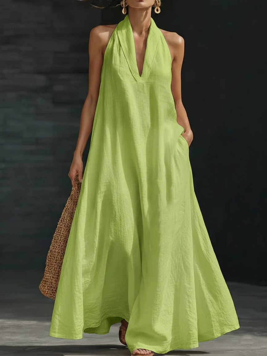 Women's Casual Solid V-Neck Long Dress