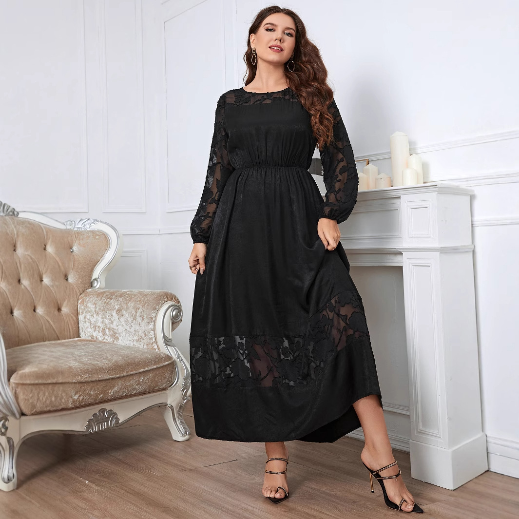 Women's Lace Over-Knee Long Sleeve Dress Slimming Black