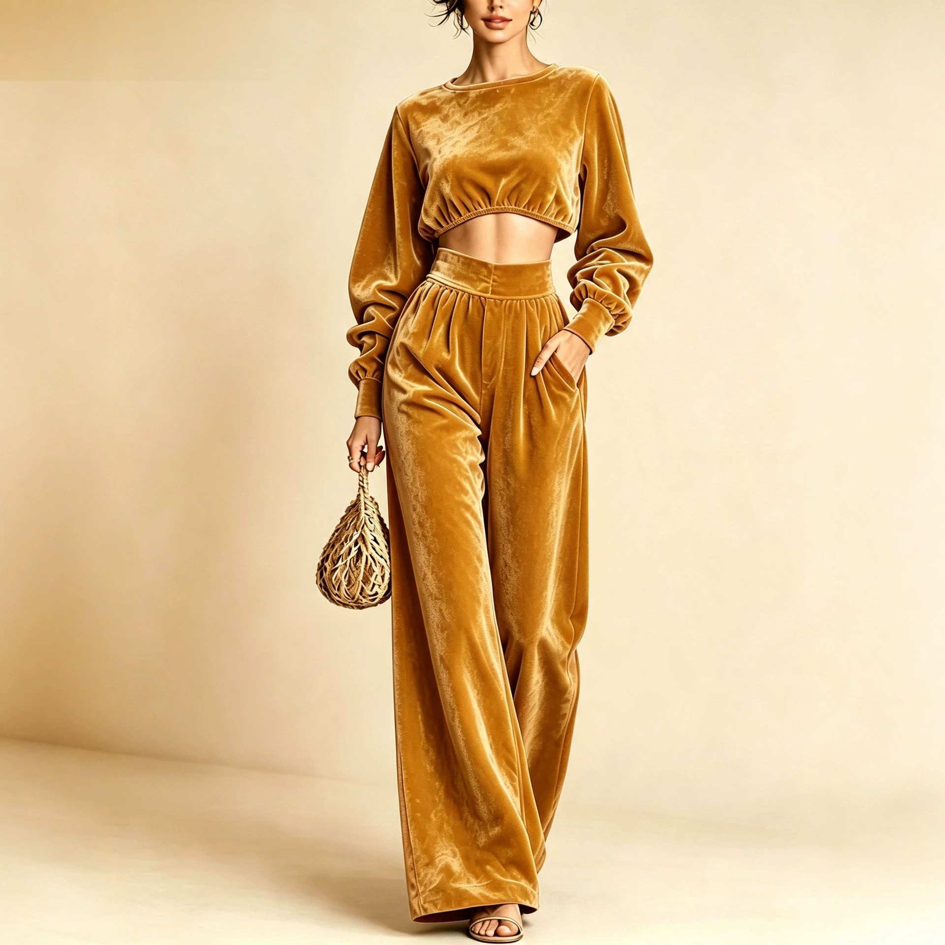 Elegant Christmas Two-Piece Set with Cropped Top and Wide-Leg Pants