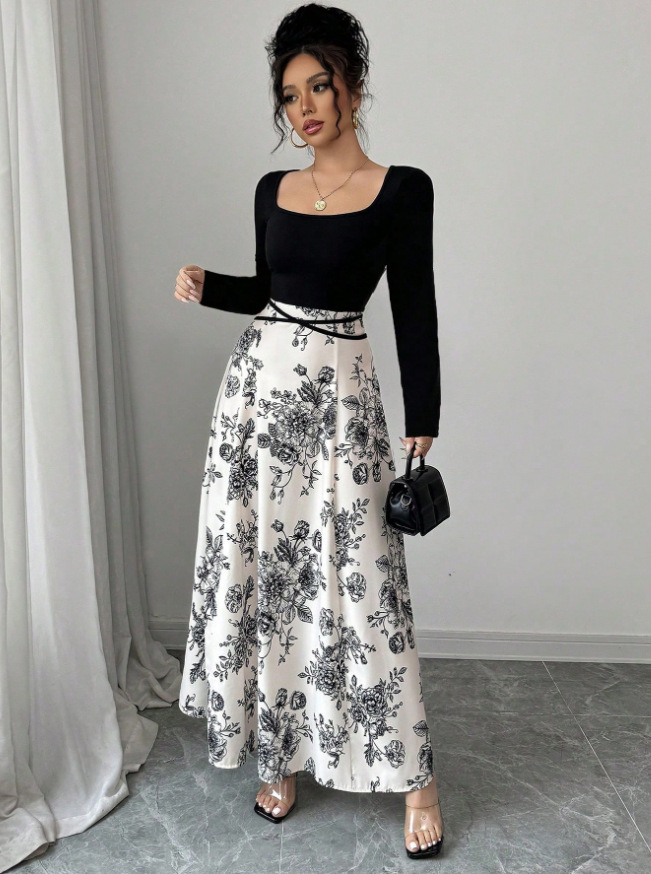 Floral Square Neck Tie-Waist Long Sleeve Midi Dress