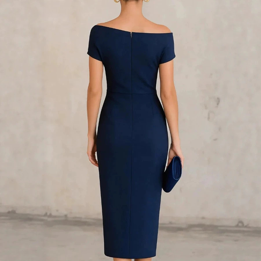 Navy One-Shoulder Twist Waist Slit Bodycon Midi Dress