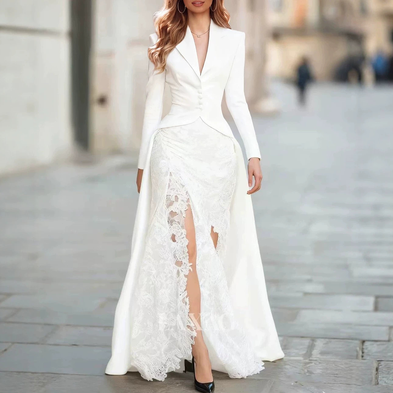 Women's Long Sleeve Lace Blazer Collar Two-Piece Dress Set