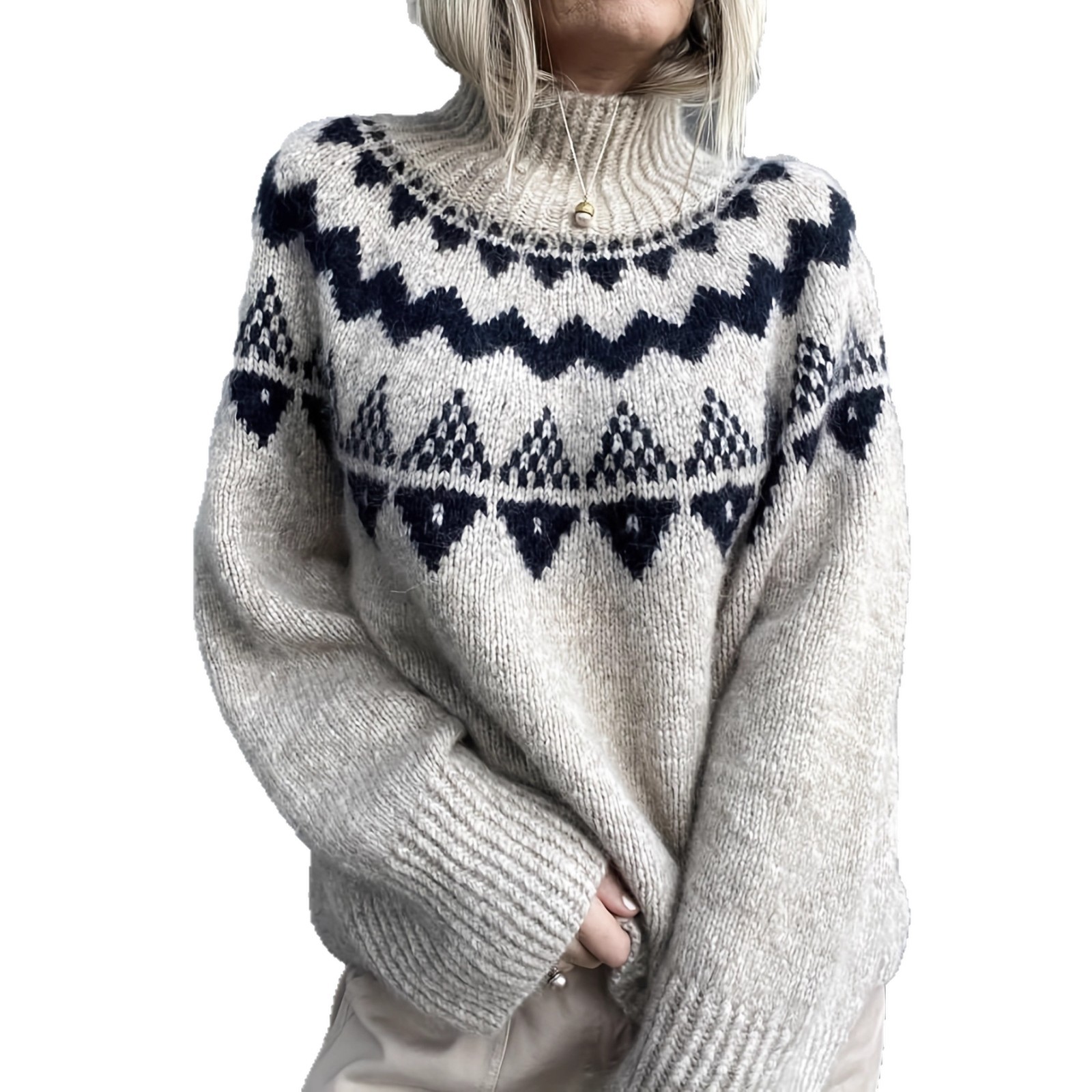 Women's Retro Jacquard Pullover Knit Sweater Loose Fit Turtleneck