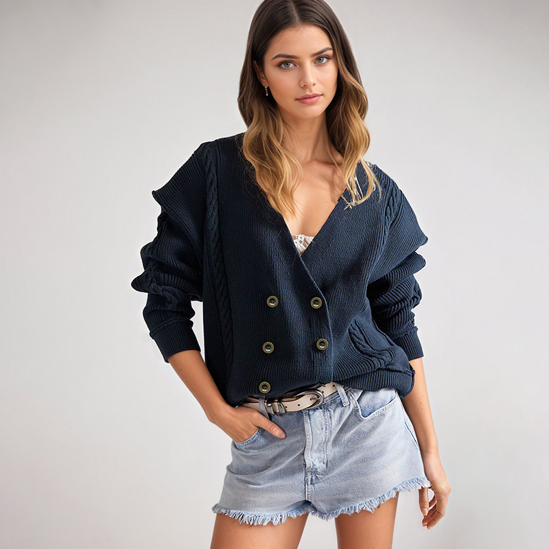 Solid V-Neck Button-Up Knit Cardigan Long Sleeve
