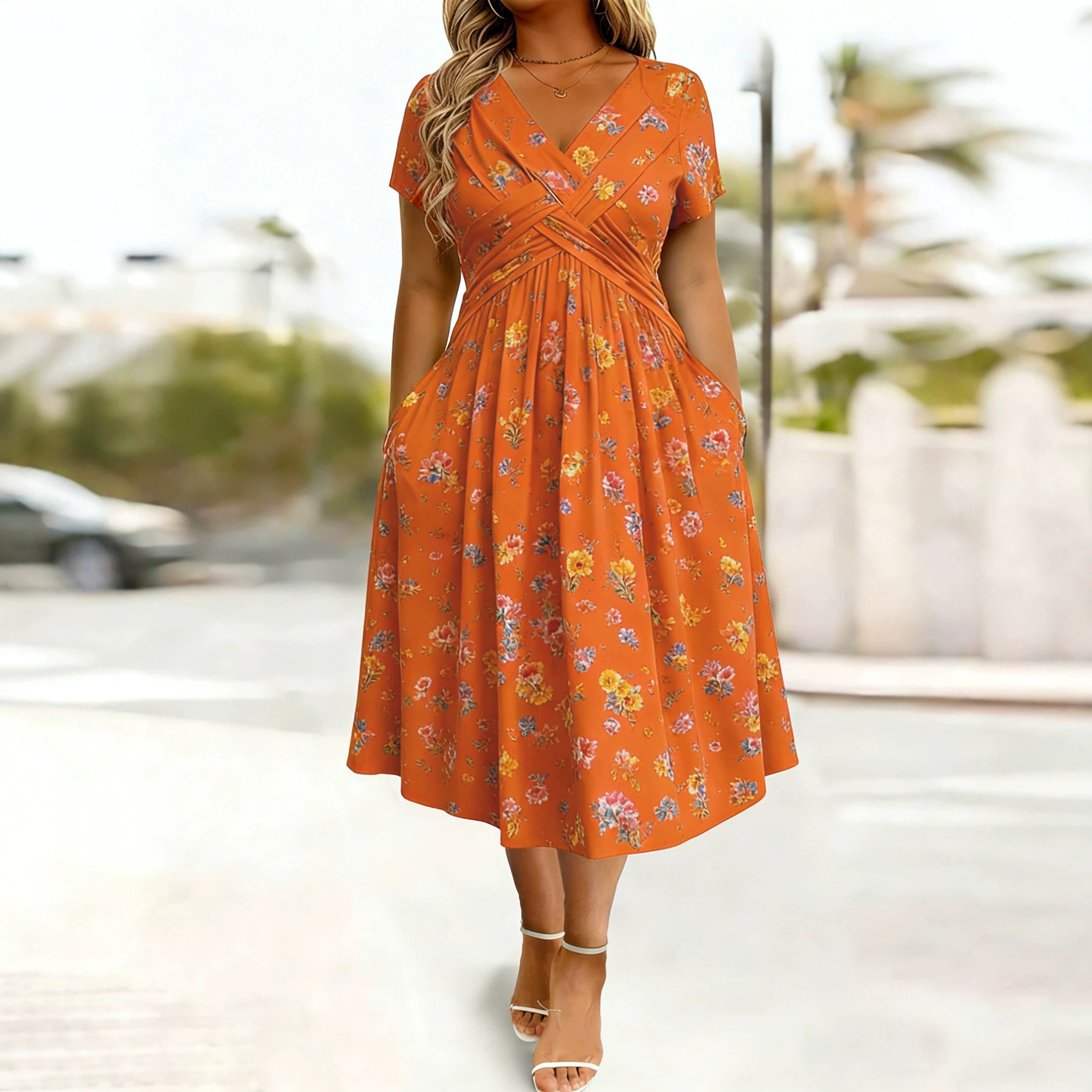 Women's V-Neck Floral Print High Waist Short Sleeve A-Line Dress