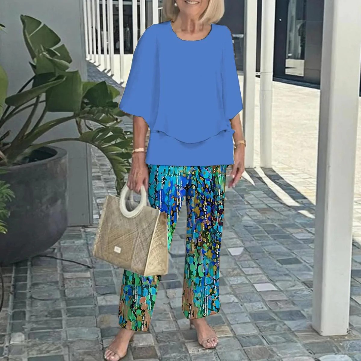 Floral Print Two-Piece Set with Crew Neck Mid-Sleeve Top and Pants