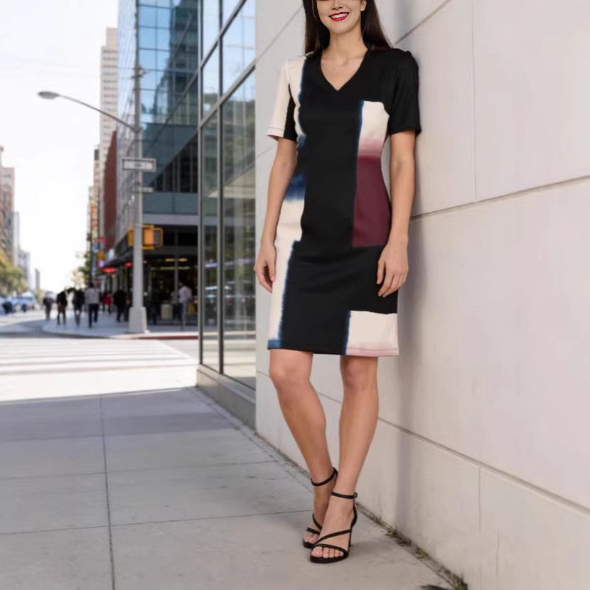 Artistic Tie-Dye Print V-Neck Fitted Bodycon Dress