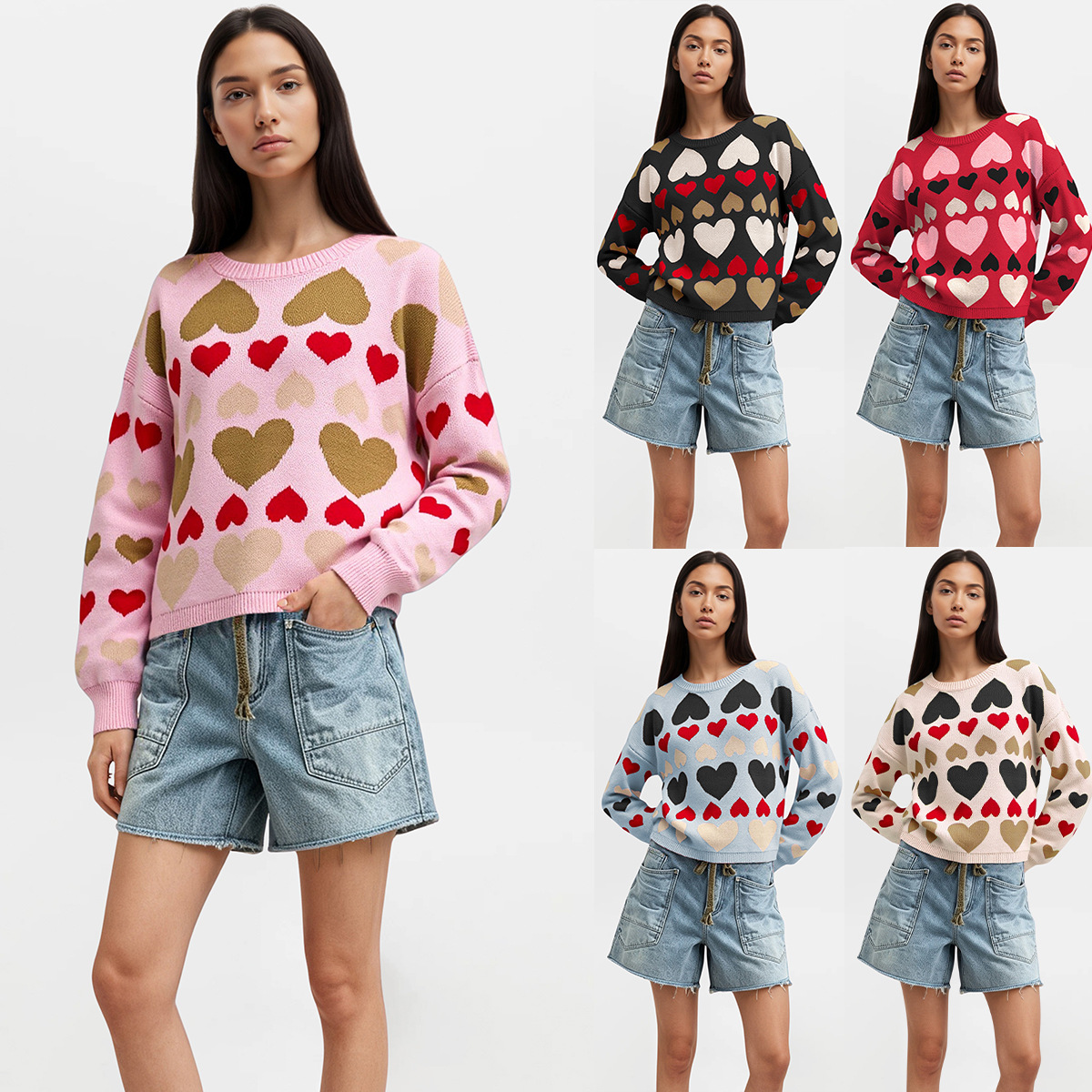 Women's Heart Pullover Sweater Long Sleeve Crew Neck Colorblock