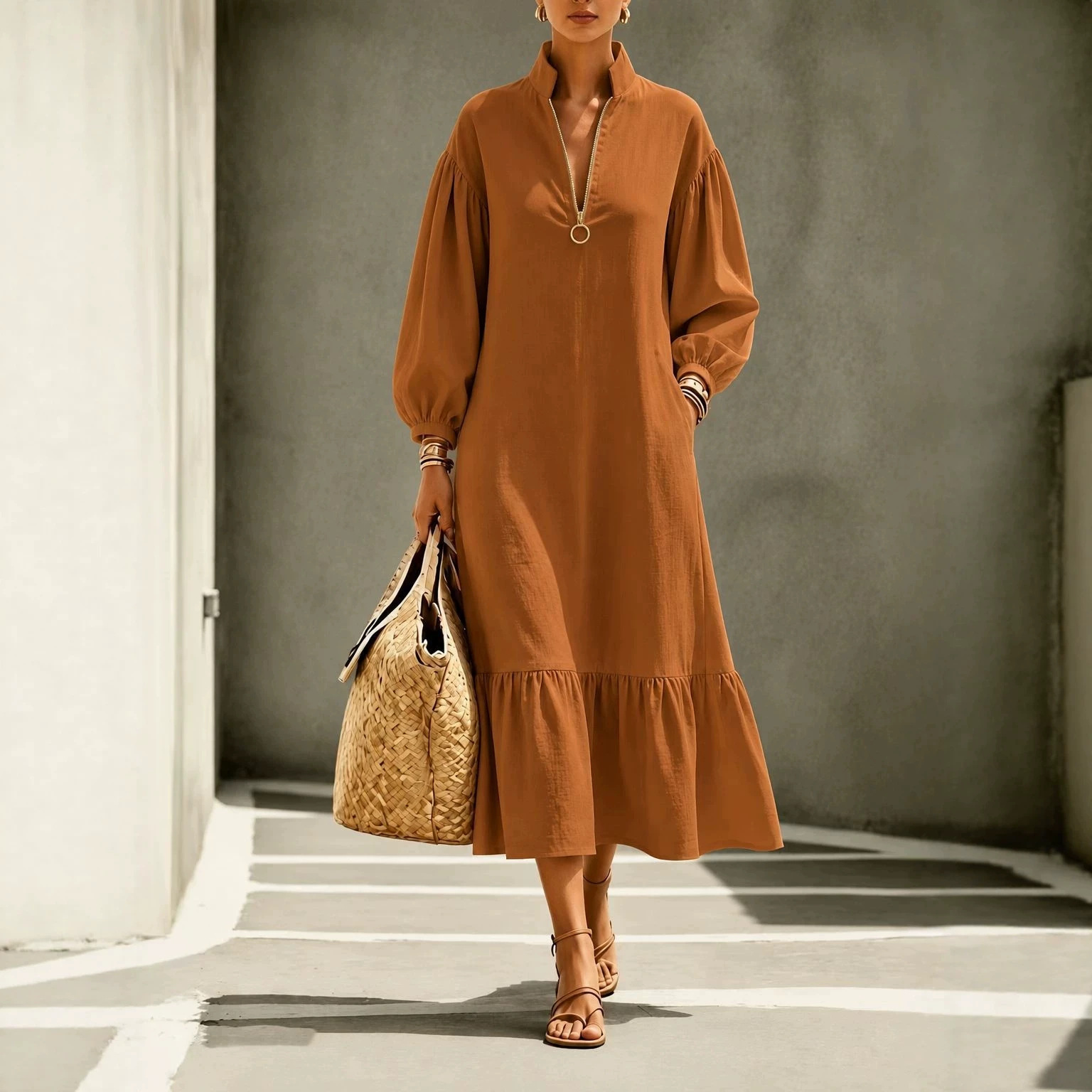 Solid Stand Collar O-Ring Zip Lantern Sleeve Dress with Pockets