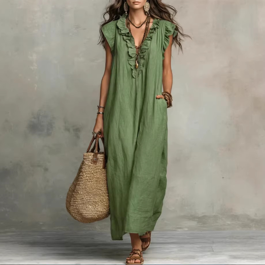 Women's V-Neck Ruffle Loose Long Dress with Pockets