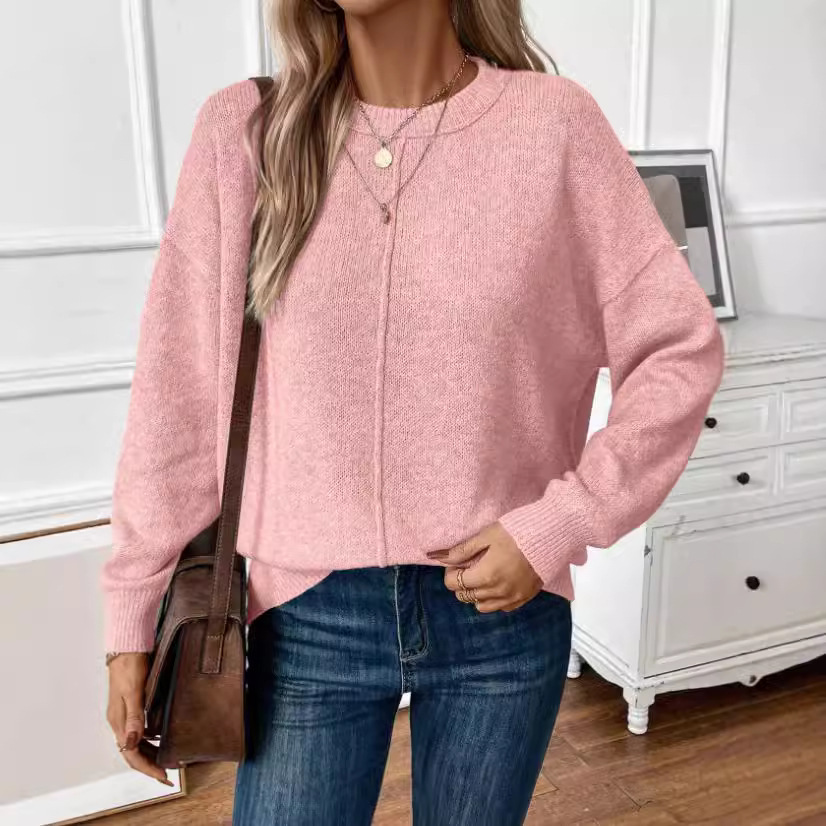 Women's Solid Color Crewneck Pullover Knit Sweater Casual Long Sleeve