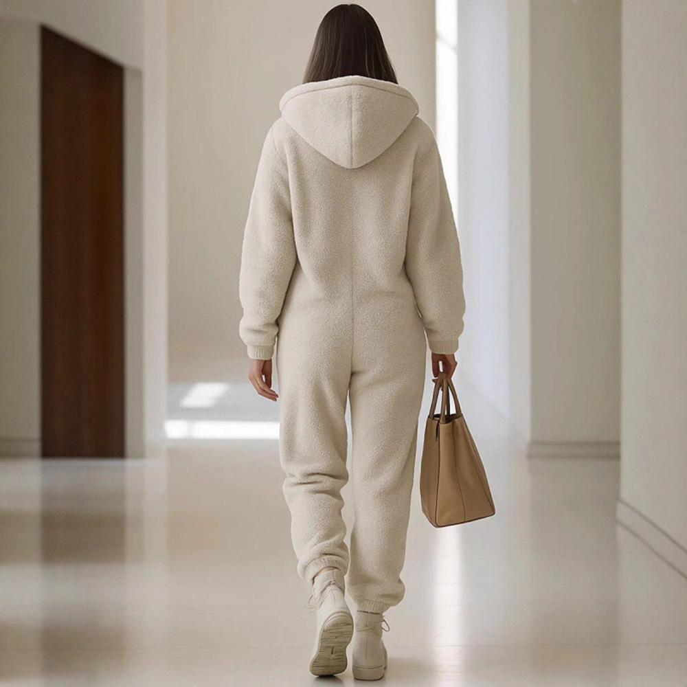 Women's Hooded Fleece Jumpsuit with Pockets Straight Leg Loose Fit