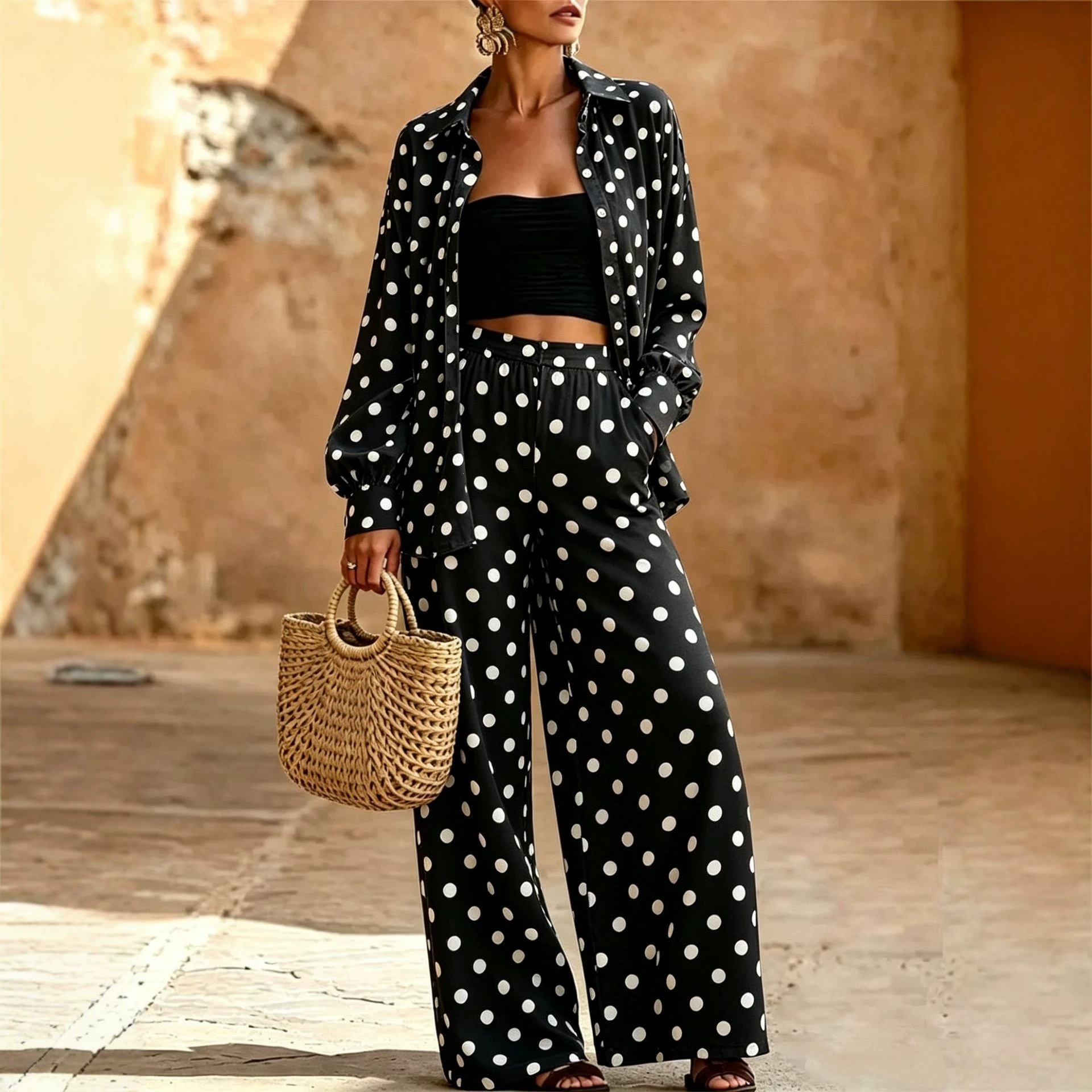 Women's Polka Dot Two-Piece Set with Wide-Leg Pants