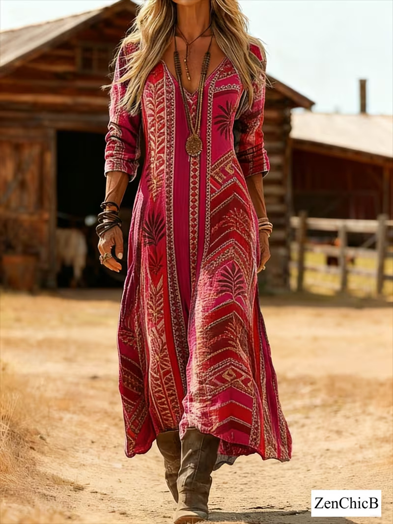 Women's Vintage Tribal Print Pleated Midi Dress