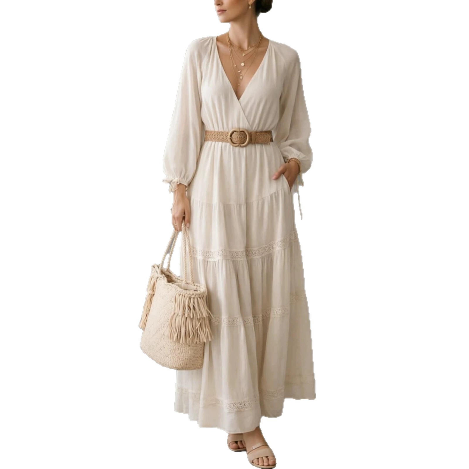 V-Neck Lace Panel Long Sleeve Midi Dress