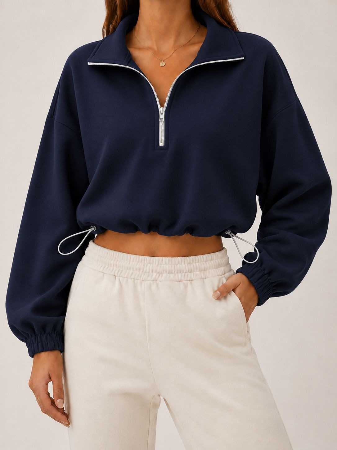 Women's Solid Half-Zip Collared Cropped Hoodie with Drawstring Waist