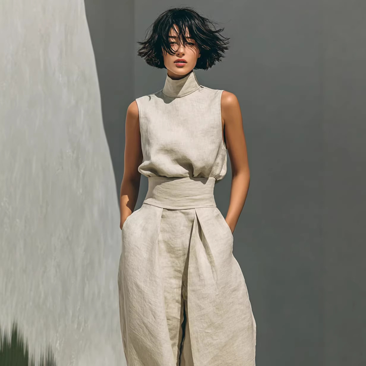 Women's Sleeveless Cotton-Blend Top & Wide-Leg Pants Set