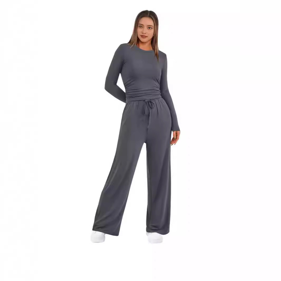 Solid Color Ruched Waist Long Sleeve Top and Pants Set