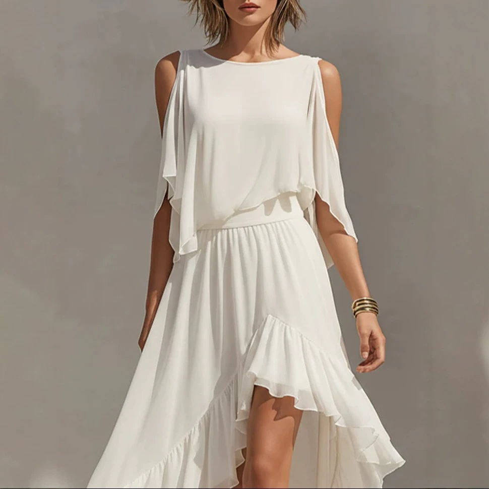 Flowy Ruffle High-Low Maxi Dress with Round Neck