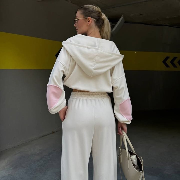 Women's Long Sleeve Zip Hooded Tie-Waist Cardigan and Wide-Leg Pants Two-Piece Set