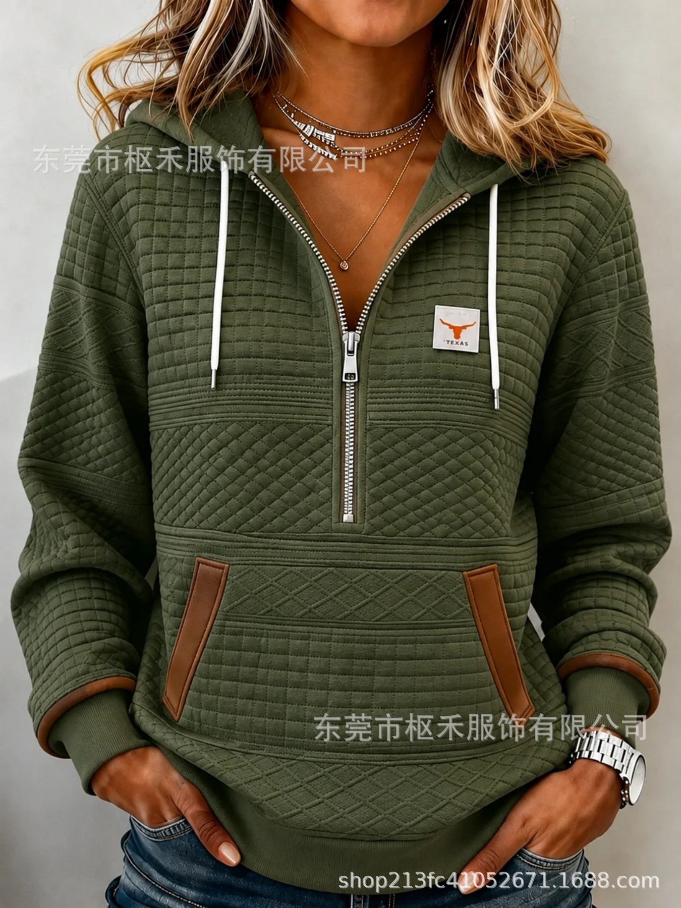 Waffle Print Half-Zip Stand Collar Solid Color Hoodie