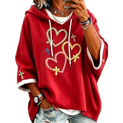 Women's Heart Cross Print Casual Hoodie
