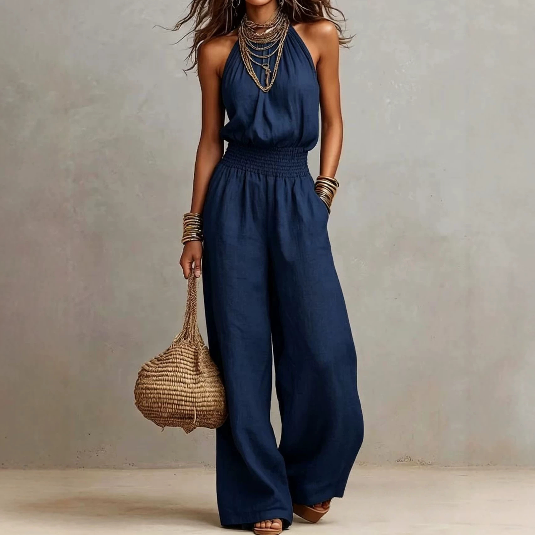 Women's Sleeveless Solid Color Wide-Leg Jumpsuit with Pockets