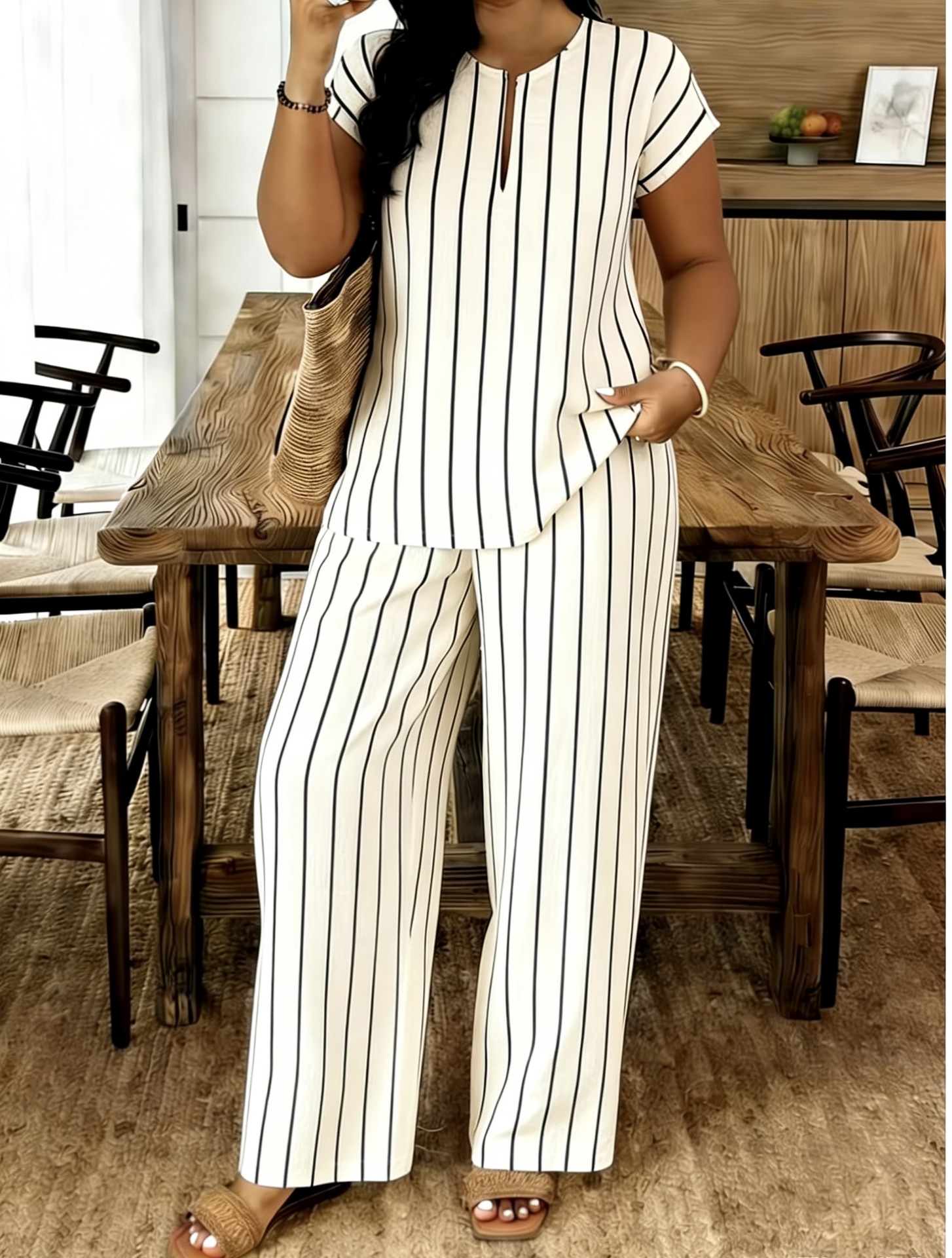 Women's V-Neck Top and Pants Set Casual Striped Two-Piece