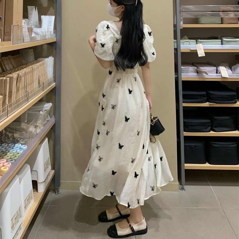 Square Neck Puff Sleeve Floral Dress Women's Summer French Style Slimming A-Line Midi