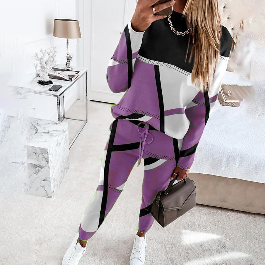 Women's Two-Piece Colorblock Print Long-Sleeve Crewneck Casual Set