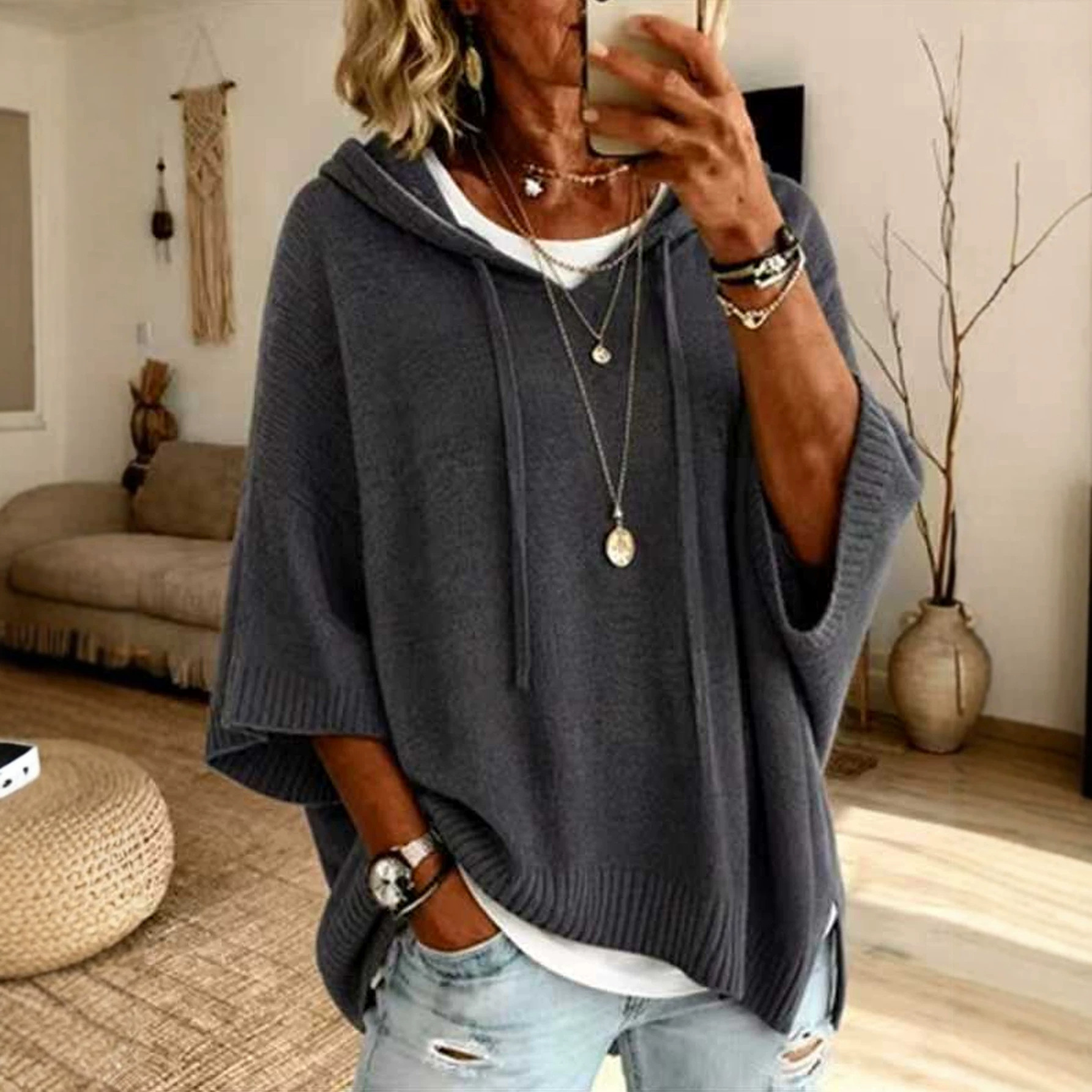 Women's Solid Hooded Knit Sweater Loose Fit Pullover