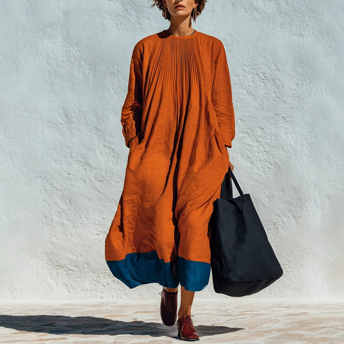 Women's Crewneck Pleated Colorblock Linen Blend Loose Long Sleeve Dress