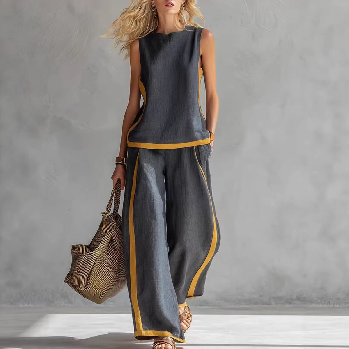 Women's Sleeveless Color-Block Wide-Leg Pant Set Casual Two-Piece