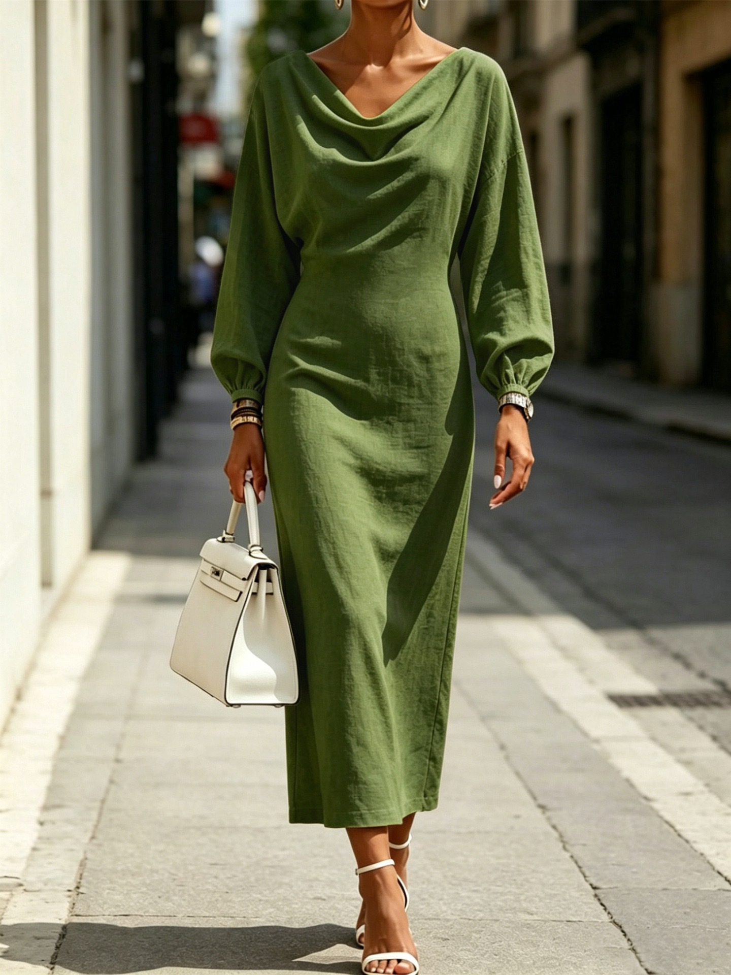 Women's Draped Neck Lantern Sleeve Long Sleeve Midi Dress Elegant A-Line
