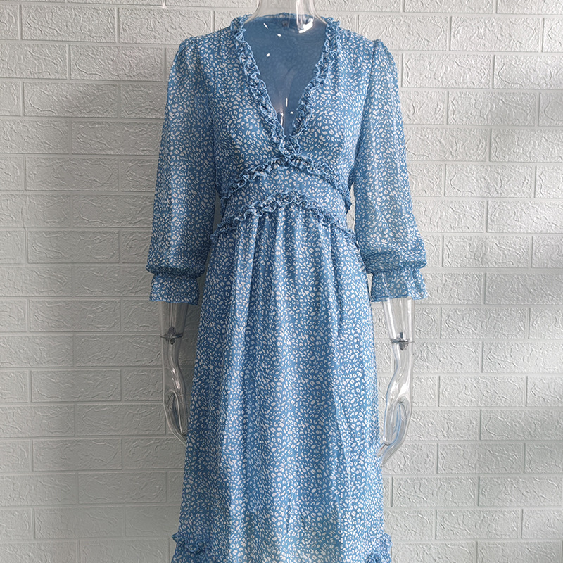 Floral Print V-Neck Ruffle Midi Dress