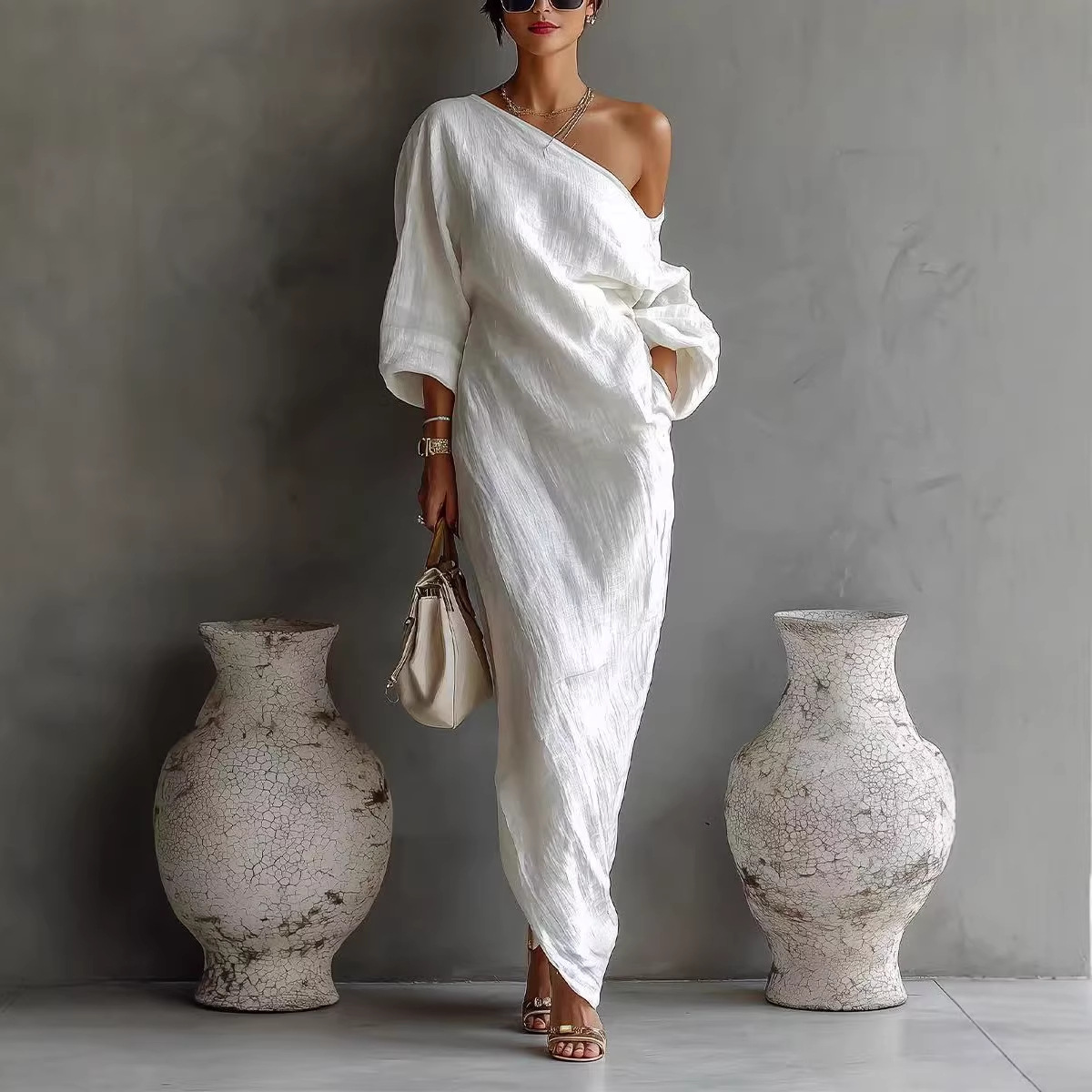 Elegant One-Shoulder Long Sleeve Maxi Dress with Asymmetrical Hem