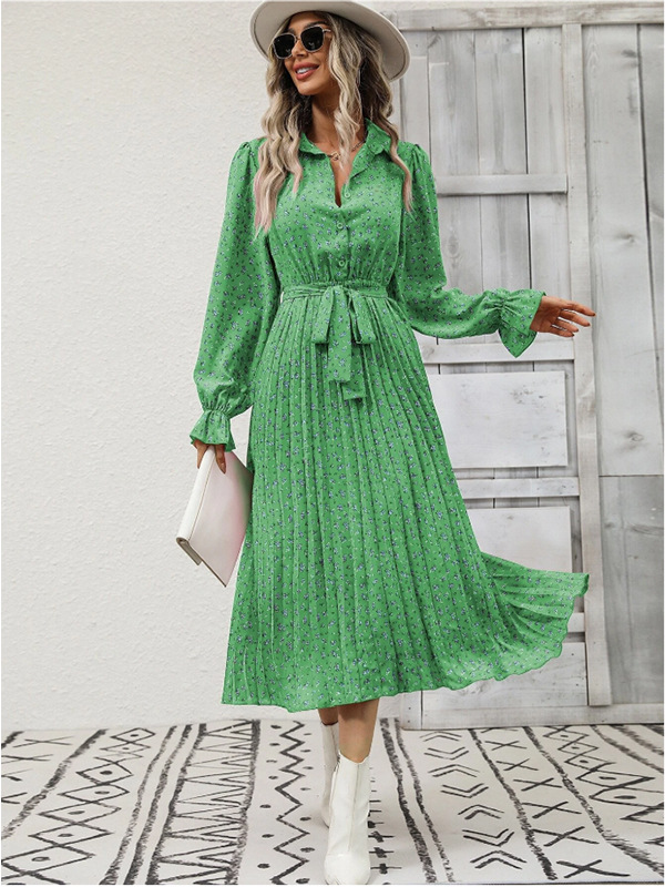 Women's Pleated Long Sleeve Tie-Waist Maxi Dress