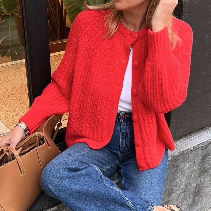 Women's Solid Color Knit Cardigan Crew Neck Long Sleeve Sweater