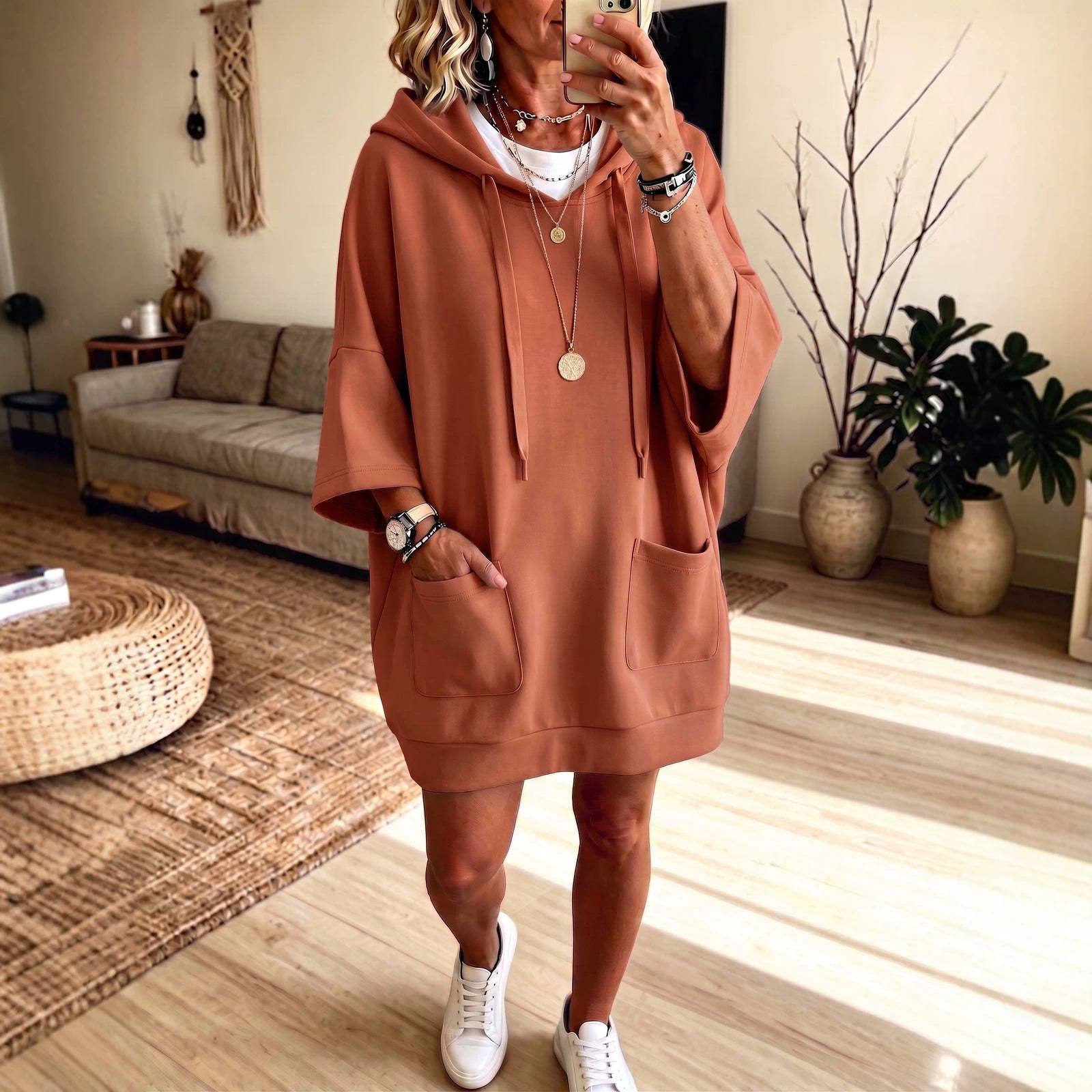 Women's Loose Hooded Drawstring Two-Pocket Sweatshirt Dress Solid Color Casual Top