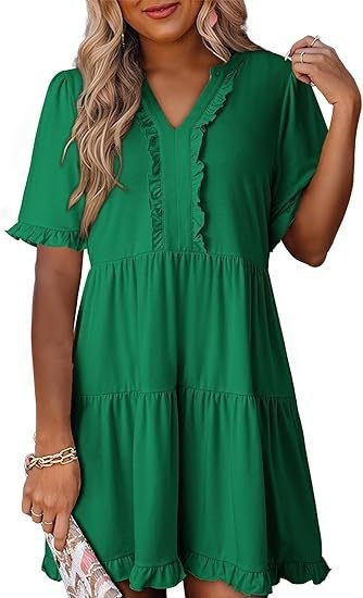 Women's Loose V-Neck Short Sleeve Ruffle Hem Casual Dress