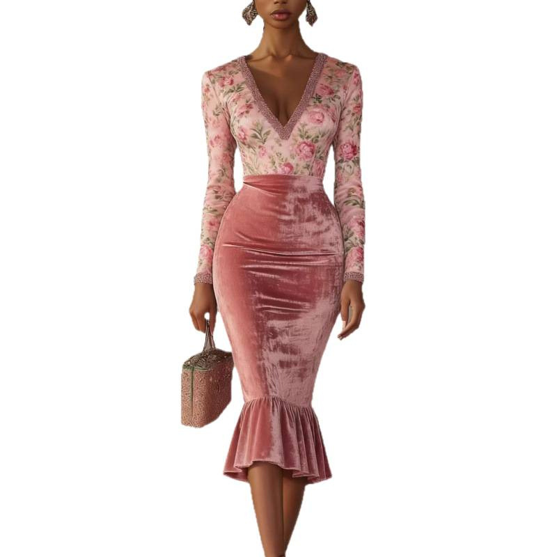 New Chinese Style Velvet Bodycon Midi Dress with Cutout
