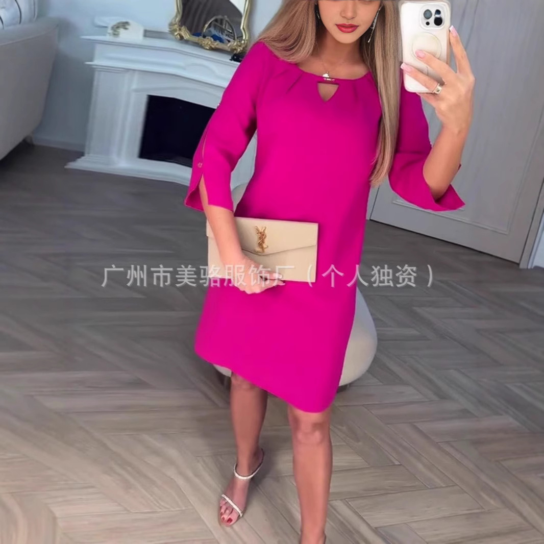 Women's Solid Color Midi Dress Round Neck 3/4 Sleeve
