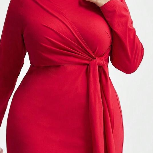 Women's Plus Size Long Sleeve Round Neck High Waist Tie Bodycon Midi Dress