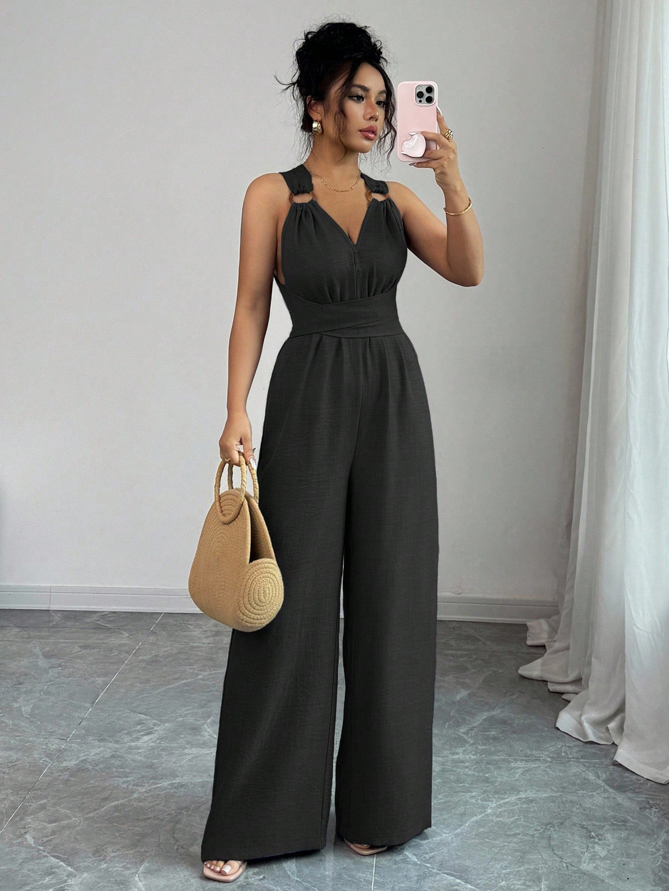 Women's Halter Cross-Back Sleeveless Jumpsuit with Waist-Cinching