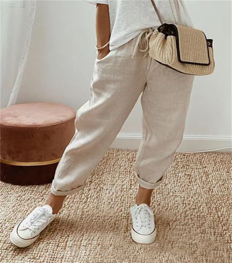 Women's Printed Cotton-Linen Casual Pants with Pockets