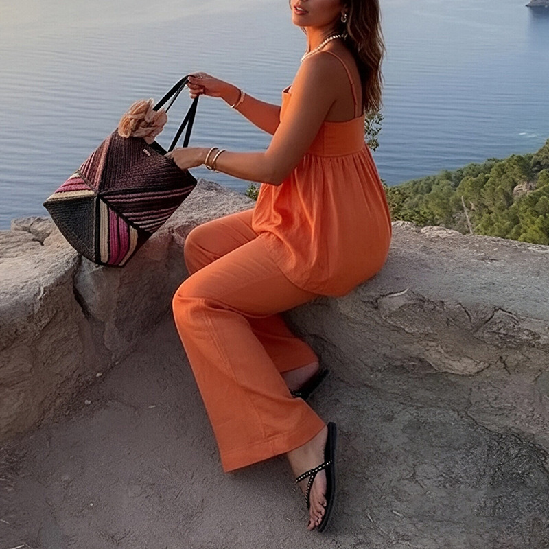 Women's Casual Solid Color Sleeveless Top and Straight-Leg Pants Set
