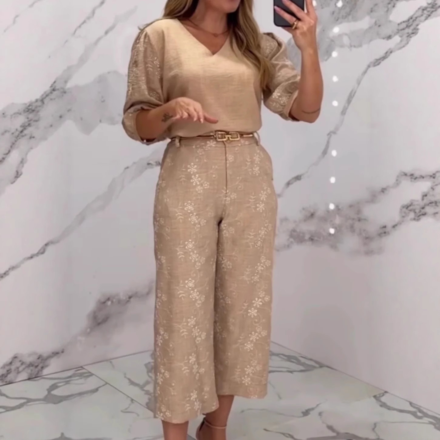 V-Neck Half-Sleeve Top and Pants Two-Piece Set